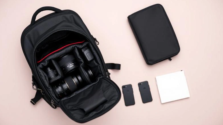 Organized camera backpack showcasing bags and straps for photographers