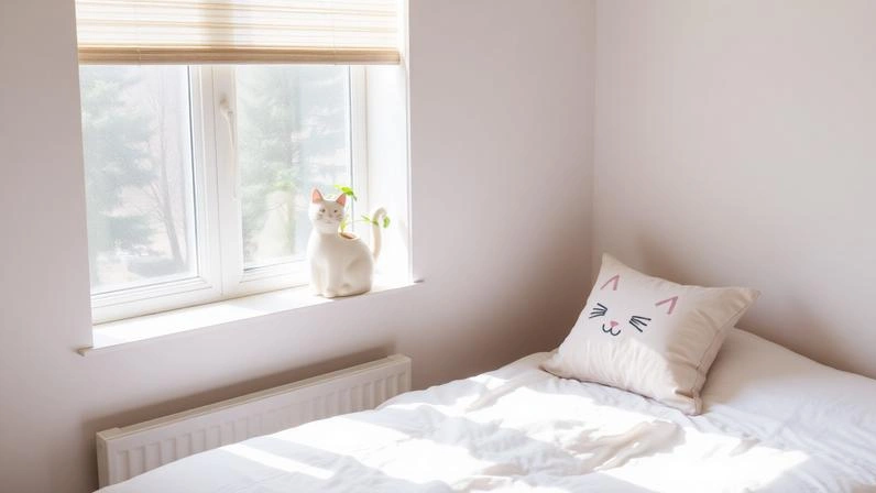 Peaceful bedroom decorated with adorable cat-shaped planter and pillows