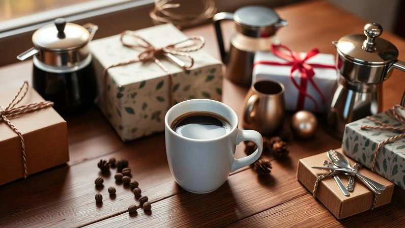 Wrapped coffee gifts arranged around a fresh cup of coffee in soft morning light
