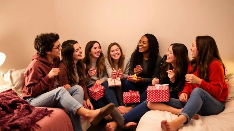 College friends happily exchanging budget-friendly gifts in a dorm room