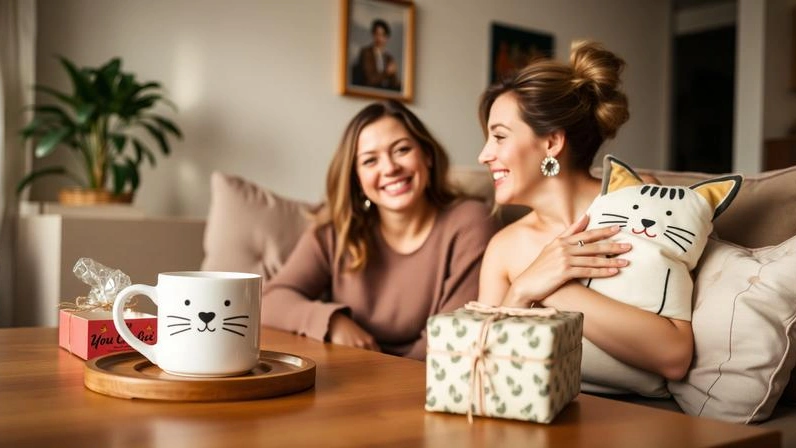 Person enjoying multiple adorable cat-themed gifts in a cozy home setting