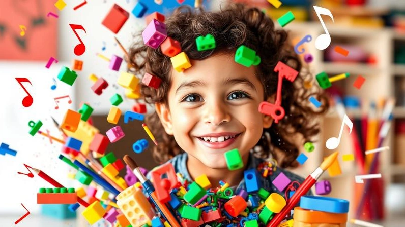Child surrounded by floating creative tools and materials