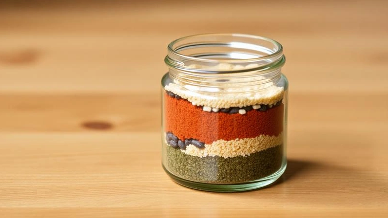 Homemade custom spice blend in a glass jar as an easy creative gift