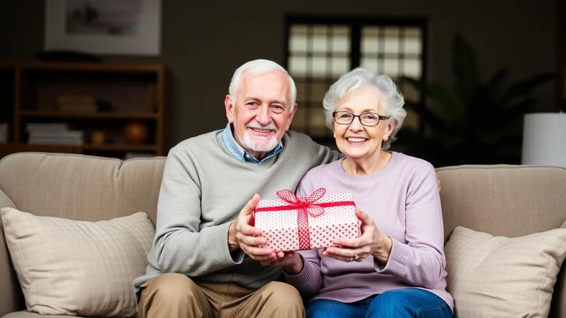 Grandparents happily receiving a thoughtful gift from family