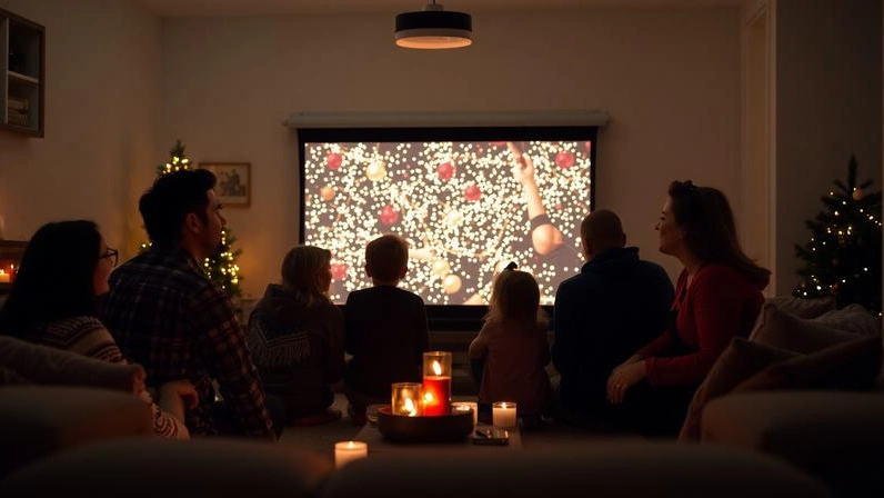 A family enjoying a movie together under soft lights