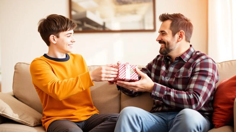 Adult son giving a thoughtful gift to his happy father at home