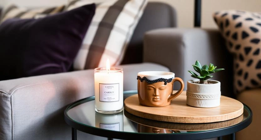 Cozy home setup with candle, mug, and decor accents representing affordable home gifts