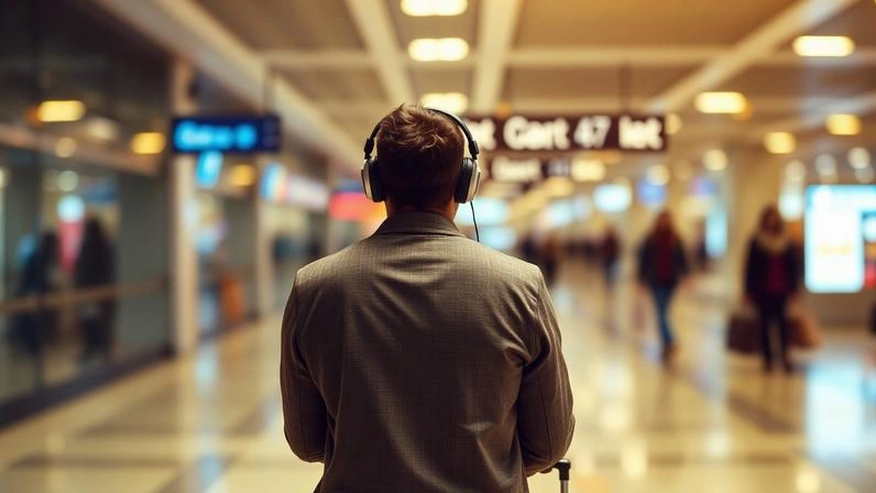 Husband using noise-cancelling headphones and smartwatch while traveling