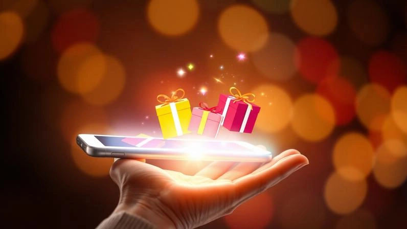 Smartphone sending glowing digital gifts instantly into an open hand