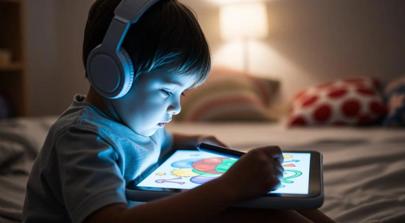Young artist using a drawing tablet at night