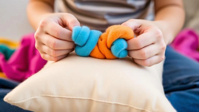 Hands finishing a no-sew fleece pillow, an easy handmade gift idea