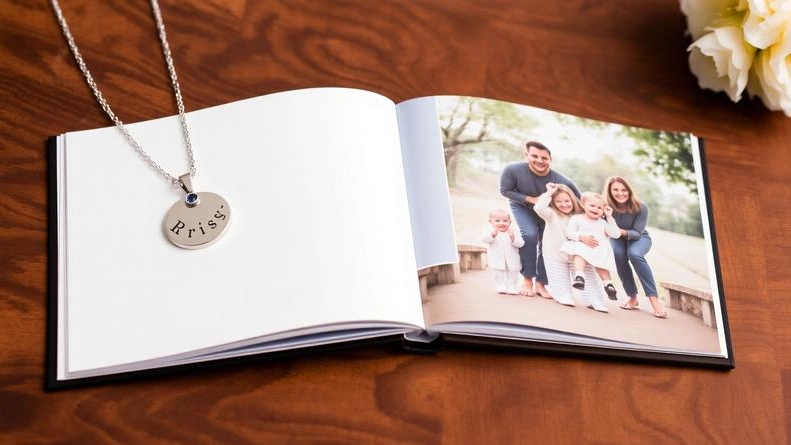 Elegant custom engraved necklace with birthstones and a personalized photo book open to family memories on a wooden table