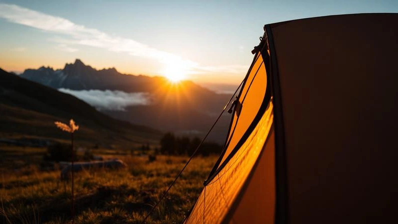 Ultralight premium tent in alpine setting at sunset