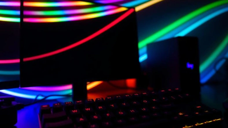 RGB LED strip lights illuminating a gaming desk setup