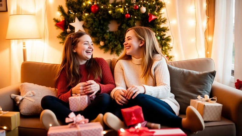 Two sisters sharing a joyful moment with unique gifts around them