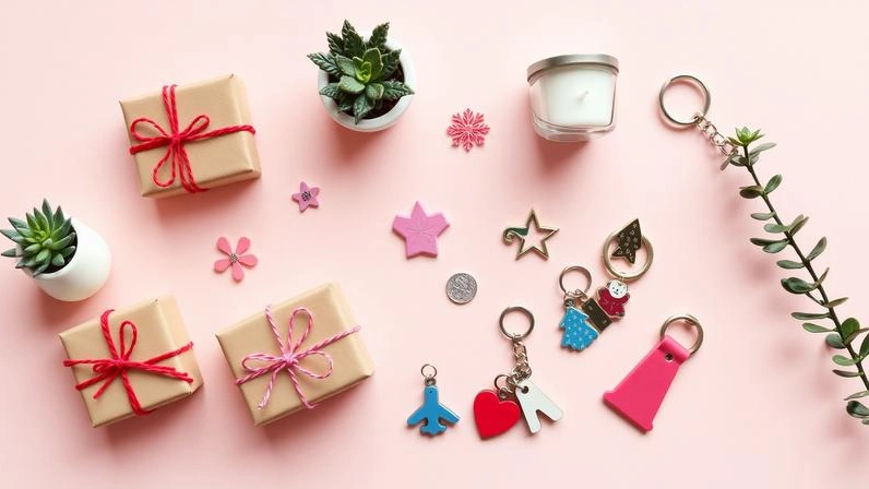 Collection of cute and small gift ideas arranged beautifully on pastel surface
