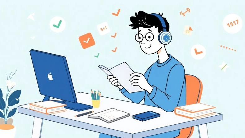 Illustration of student enhancing study habits with organizational tools and comfort accessories