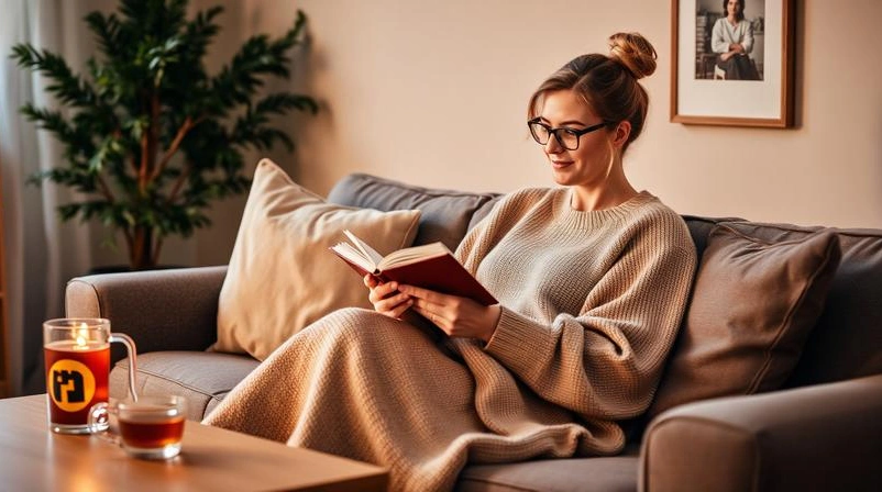 A teacher enjoying a quiet self-care moment at home with tea and a book