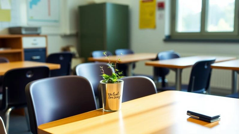 A minimalist teacher desk featuring a personalized tumbler and plant as a thoughtful gift