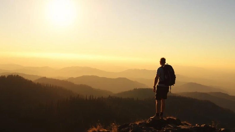 Hiker on mountain ridge at sunrise overlooking wilderness
