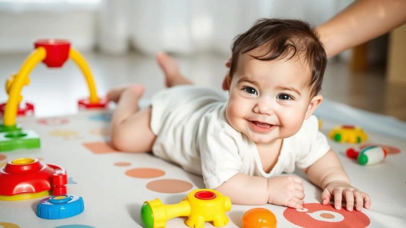 Baby enjoying tummy time with practical developmental toys