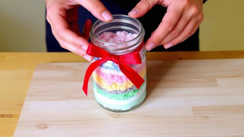 Finishing touch of ribbon on homemade bath salts gift