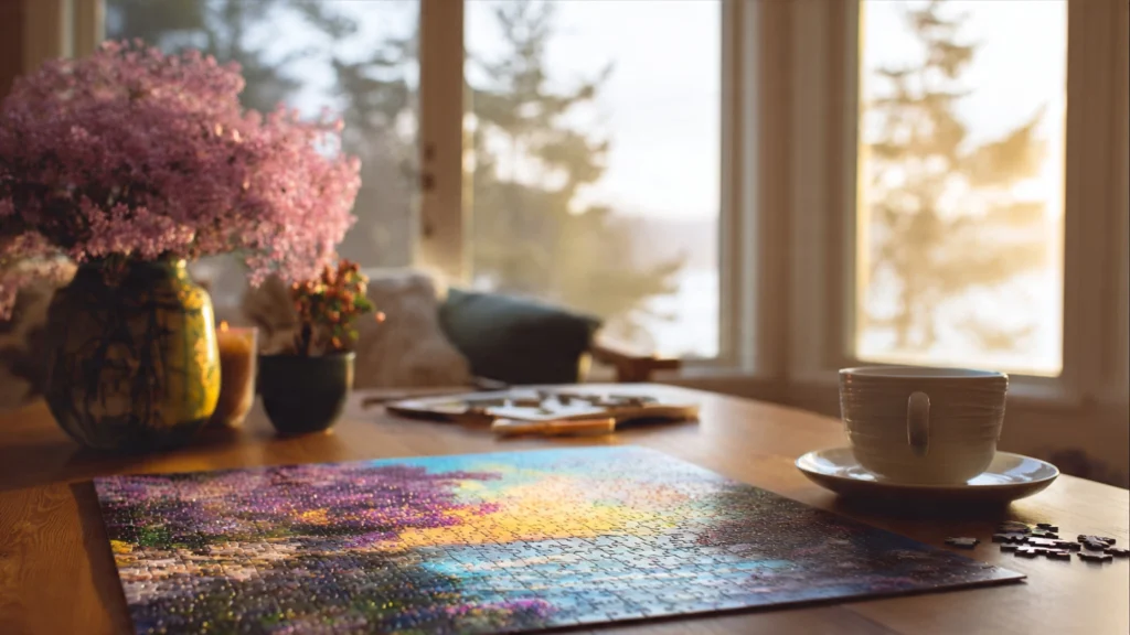 Finished jigsaw puzzle on a relaxing home workspace table