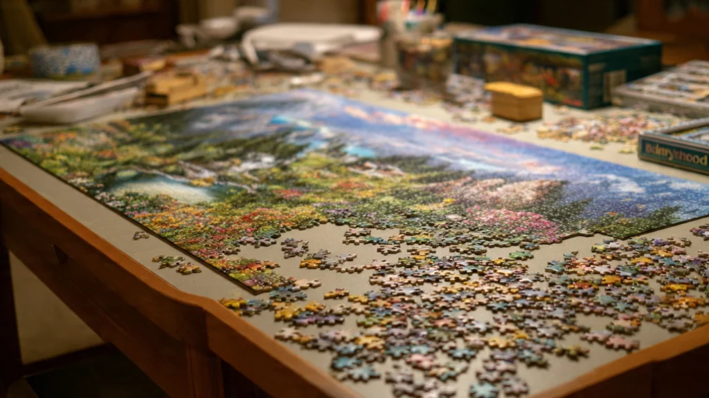 High-piece-count jigsaw puzzle in progress with intricate details