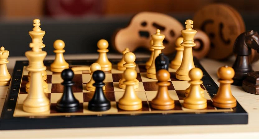 Strategy board game setup with logic puzzle elements