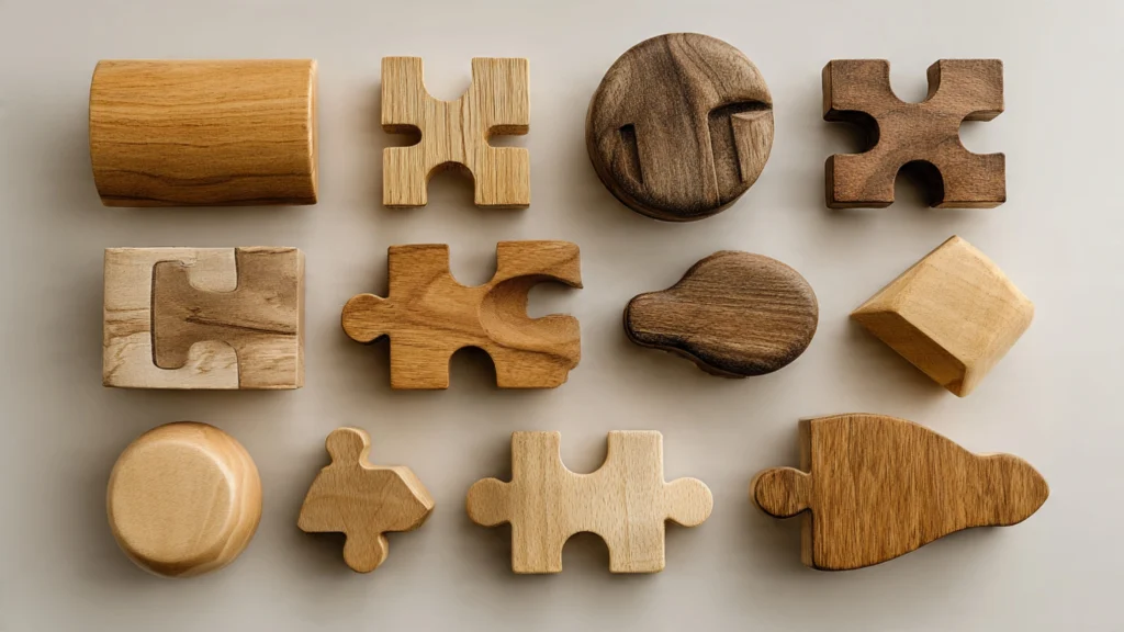 Wooden mechanical assembly puzzles and interlocking shapes