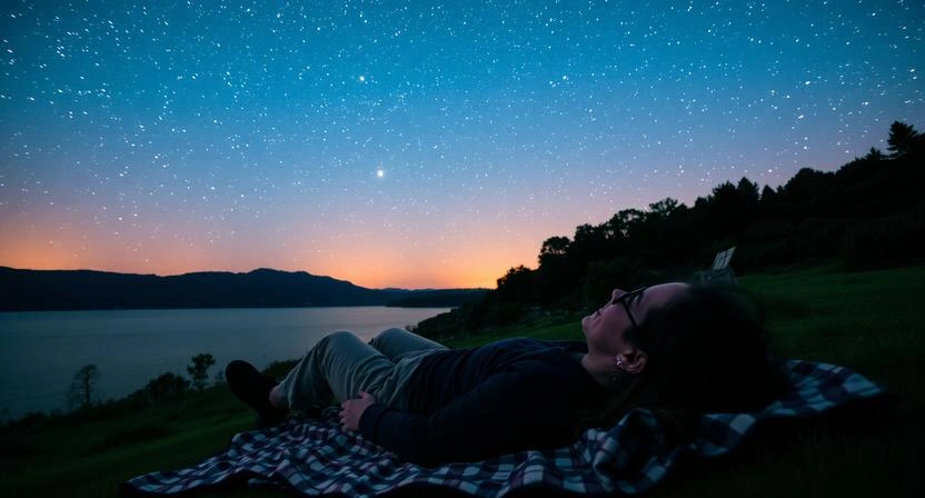 A person lying on a blanket outdoors looking up at a beautiful starry sky with constellations visible