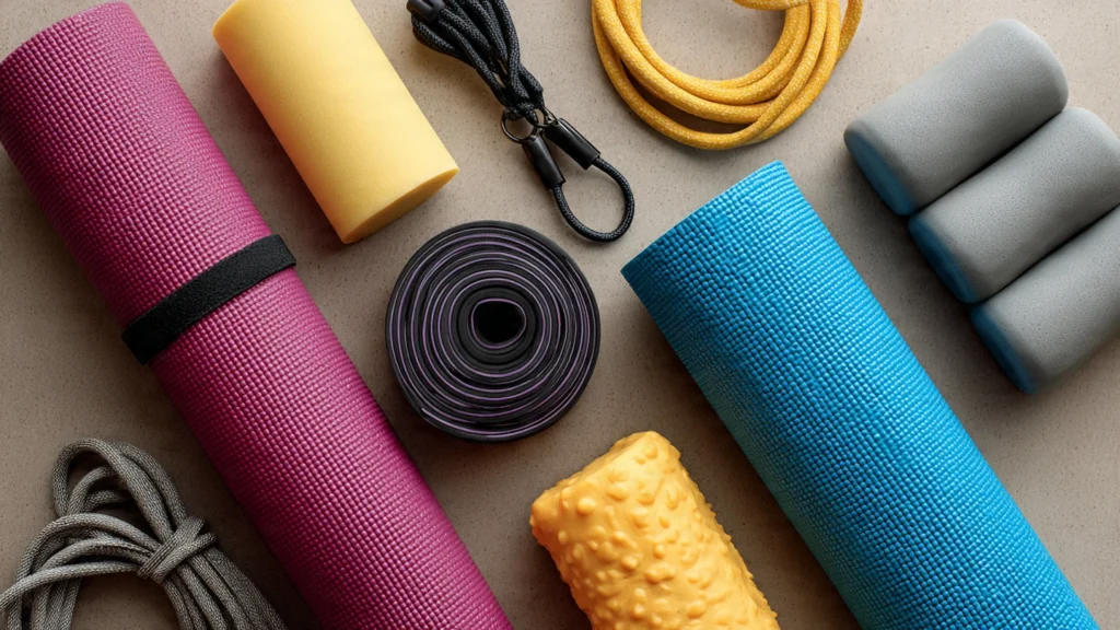 Flat lay view of assorted fitness tools including resistance bands, foam roller, jump rope, and yoga blocks on a neutral background