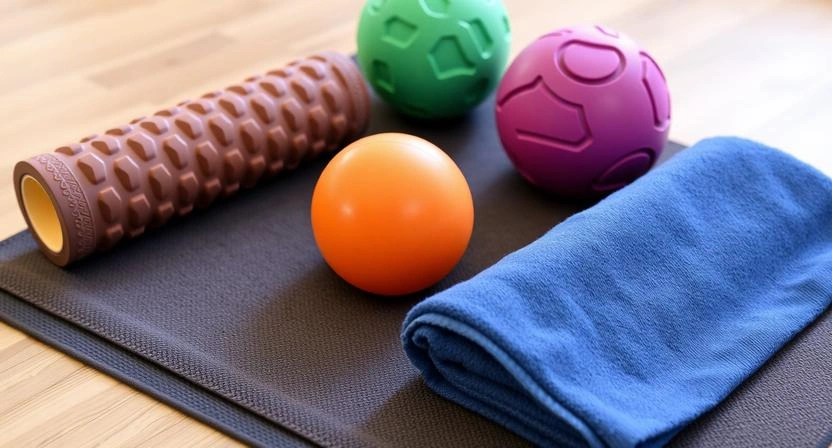 a foam roller, massage ball, and cooling towel arranged on a soft towel after exercise