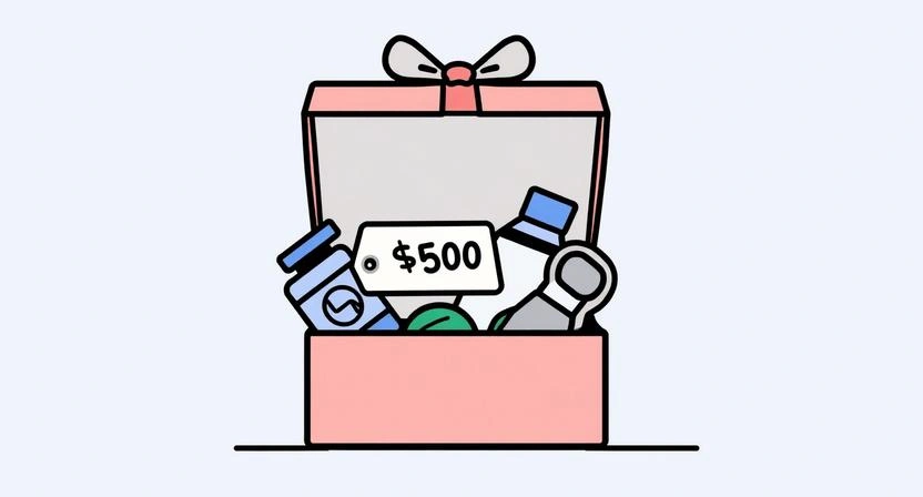 Simple illustration of a gift box opening to reveal fitness items with a price tag showing under 50 dollars